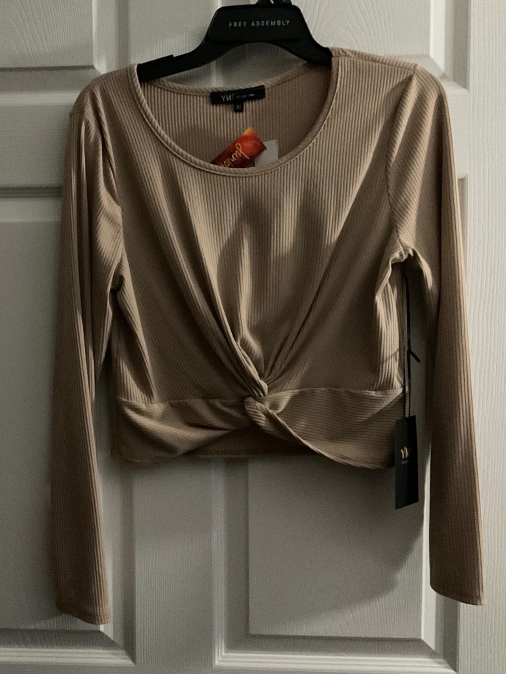 YMI Ribbed Twist-Front Long Sleeve Tank Top - Beige